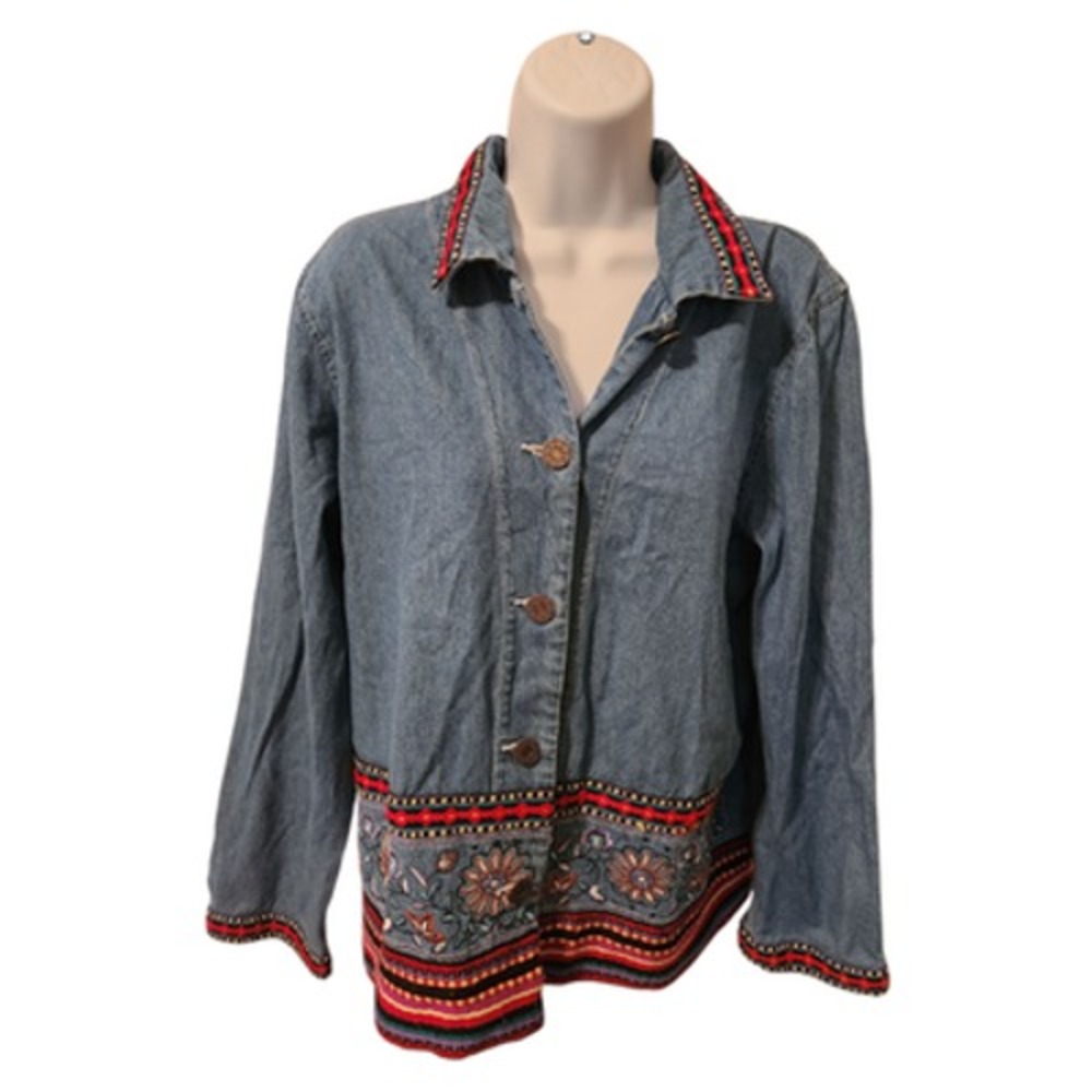 TEDDI Women's Denim Top Large‎ Floral Buttons Embroidered Jean Jacket